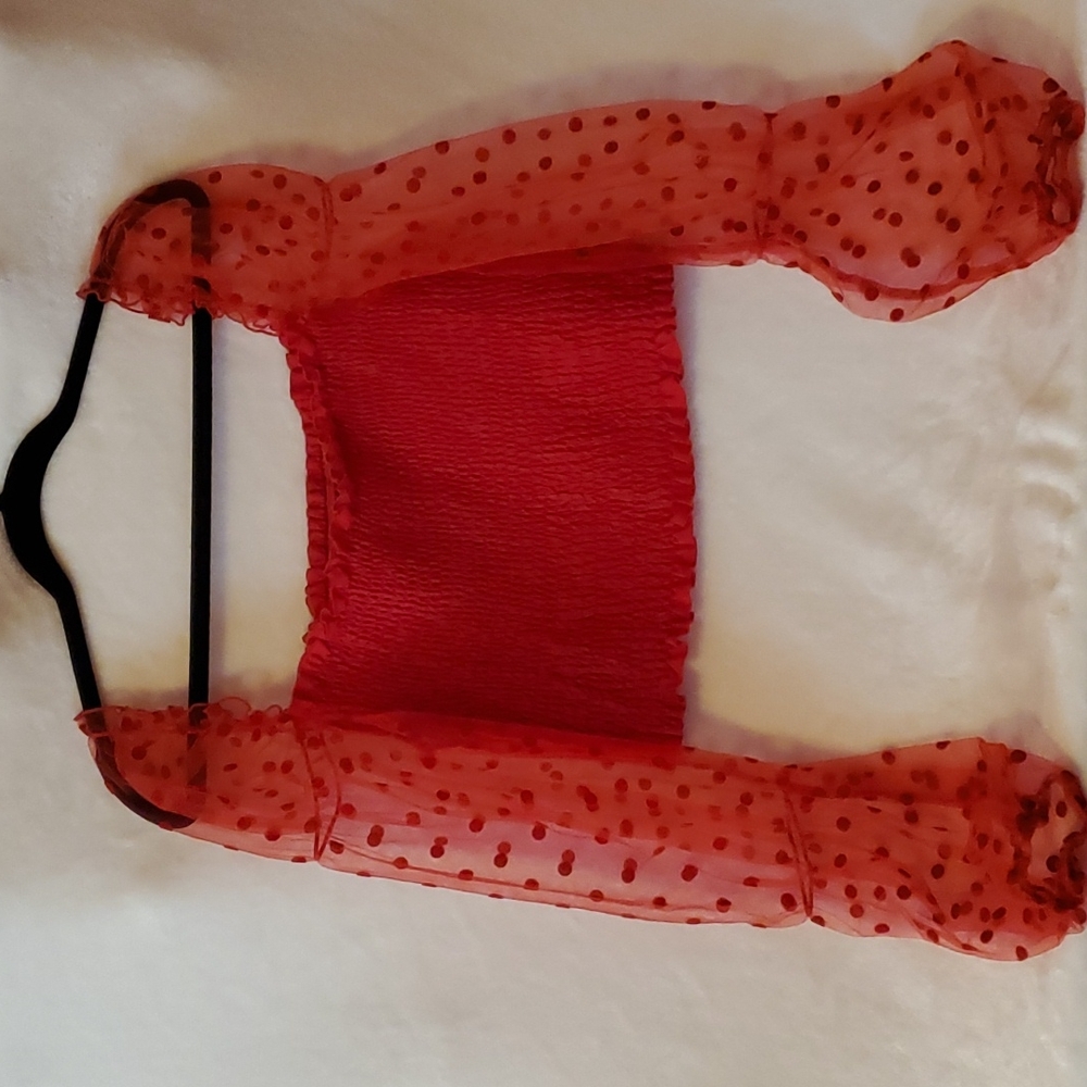 NWOT Shein shirred polka dot puff mesh sleeve crop top